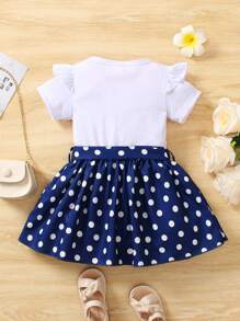 Baby Girl Polka Dot & Figure Graphic Ruffle Trim Bow Front Dress - Blue and White - View 2