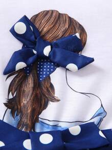 Baby Girl Polka Dot & Figure Graphic Ruffle Trim Bow Front Dress - Blue and White - View 3
