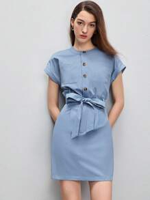 BizChic Vestido con cinturón con botón delantero