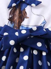 Baby Girl Polka Dot & Figure Graphic Ruffle Trim Bow Front Dress - Blue and White - View 6