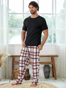 Men Solid Tee & Plaid Print Trousers PJ Set - Multicolor - View 4