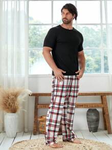 Men Solid Tee & Plaid Print Trousers PJ Set - Multicolor - View 5