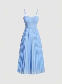 SHEIN MOD 素色百褶下擺吊帶洋裝 - 淺藍色 - 查看 1