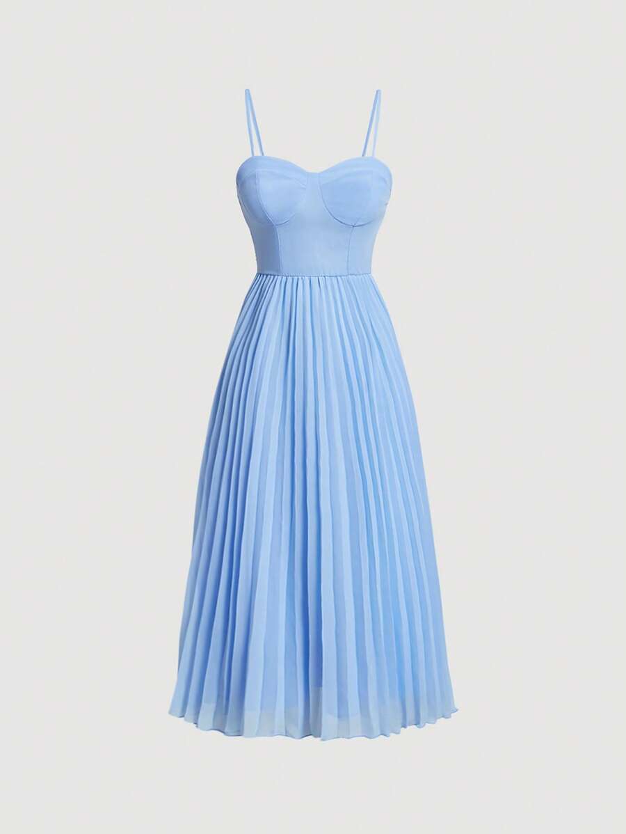 SHEIN MOD 素色百褶下擺吊帶洋裝 - 淺藍色 - 查看 1