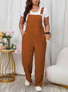 Flirla 大碼素色燈芯絨背帶連身褲不帶T恤 - 鏽棕色 - 查看 6