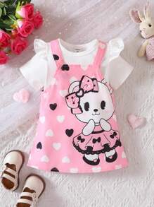 嬰兒荷葉邊T恤和心形和卡通圖案背帶裙 - 彩色 - 查看 1