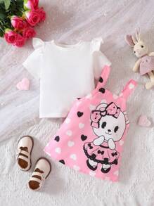 嬰兒荷葉邊T恤和心形和卡通圖案背帶裙 - 彩色 - 查看 3