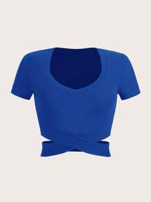 SHEIN EZwear Áo thun nữ Hội Chữ thập Gân đan màu trơn Giải trí - Xanh đậm - Xem 1