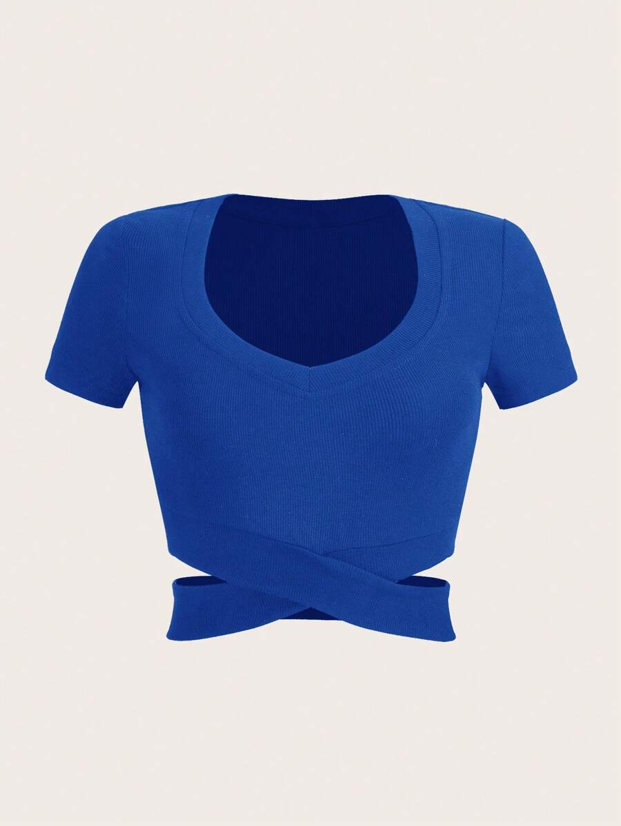 SHEIN EZwear Áo thun nữ Hội Chữ thập Gân đan màu trơn Giải trí - Xanh đậm - Xem 1