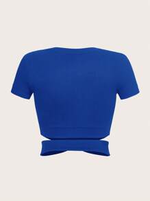 SHEIN EZwear Áo thun nữ Hội Chữ thập Gân đan màu trơn Giải trí - Xanh đậm - Xem 2