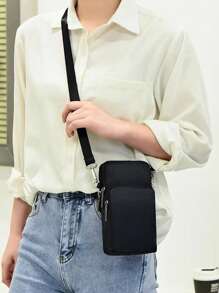 Minimalist Phone Wallet Solid Colour With Adjustable Strap - Black - View 2