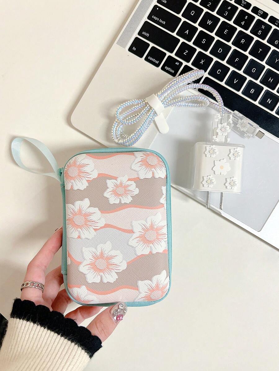 6入組花朵圖案數據線保護頭和充電頭套和收納袋 - 彩色 - 查看 1