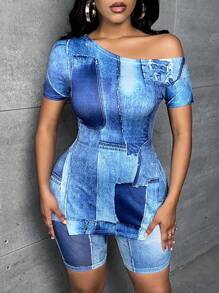 Slaydiva Bộ đồ hai mảnh nữ Bất đối xứng Đồ họa Giải trí - Màu xanh lam - Xem 1