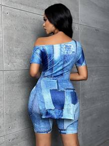 Slaydiva Bộ đồ hai mảnh nữ Bất đối xứng Đồ họa Giải trí - Màu xanh lam - Xem 2