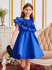 SHEIN Tween Girl 1pc Asymmetrical Shoulder Ruffle Trim Dress - Royal Blue - View 1