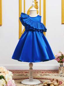 SHEIN Tween Girl 1pc Asymmetrical Shoulder Ruffle Trim Dress - Royal Blue - View 2