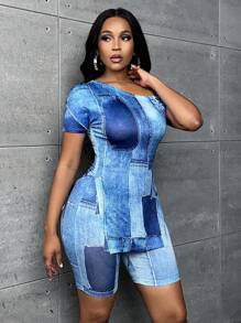 Slaydiva Bộ đồ hai mảnh nữ Bất đối xứng Đồ họa Giải trí - Màu xanh lam - Xem 5