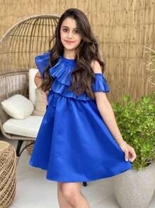 SHEIN Tween Girl 1pc Asymmetrical Shoulder Ruffle Trim Dress - Royal Blue - View 3