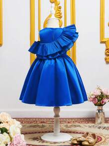 SHEIN Tween Girl 1pc Asymmetrical Shoulder Ruffle Trim Dress - Royal Blue - View 7