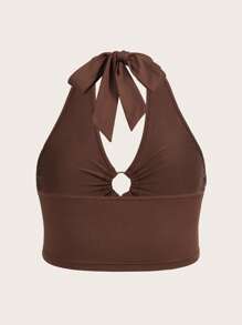 SHEIN ICON Plus O-ring Linked Cut Out Front Halter Top - Brown - View 2