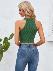 Chiquease Pearls Beaded Crop Halter Knit Top - Dark Green - View 2