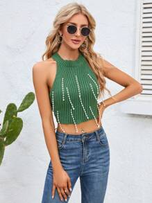 Chiquease Pearls Beaded Crop Halter Knit Top - Dark Green - View 6