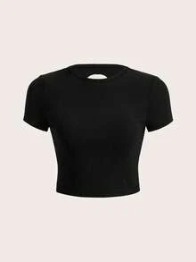 SHEIN EZwear Cut Out Back Crop Tee - Black - View 2