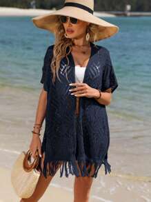 SHEIN VCAY Nữ Cardigans mép màu trơn Giải trí - Màu xanh hải quân - Xem 3