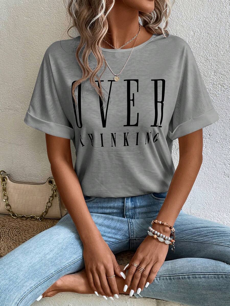 SHEIN LUNE Letter Graphic Batwing Sleeve Tee - Grey - View 1