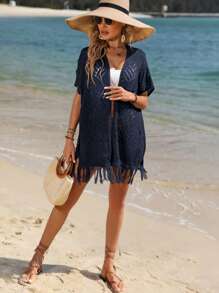 SHEIN VCAY Nữ Cardigans mép màu trơn Giải trí - Màu xanh hải quân - Xem 4