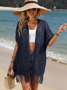 SHEIN VCAY Nữ Cardigans mép màu trơn Giải trí - Màu xanh hải quân - Xem 5