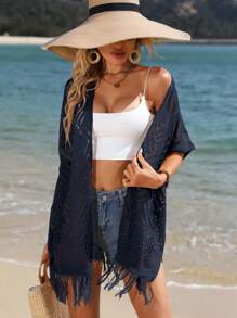 SHEIN VCAY Nữ Cardigans mép màu trơn Giải trí - Màu xanh hải quân - Xem 6