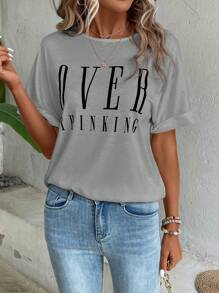 SHEIN LUNE Letter Graphic Batwing Sleeve Tee - Grey - View 5