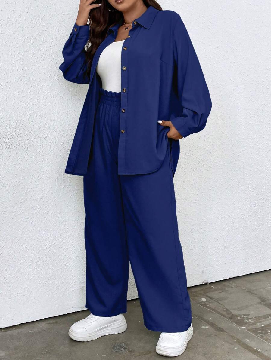 Flirla Plus Solid Button Front Shirt & Wide Leg Trousers - Navy Blue - View 1
