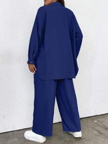 Flirla Plus Solid Button Front Shirt & Wide Leg Trousers - Navy Blue - View 2