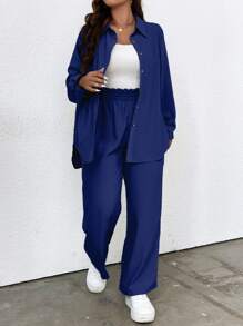 Flirla Plus Solid Button Front Shirt & Wide Leg Trousers - Navy Blue - View 3