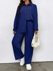 Flirla Plus Solid Button Front Shirt & Wide Leg Trousers - Navy Blue - View 4