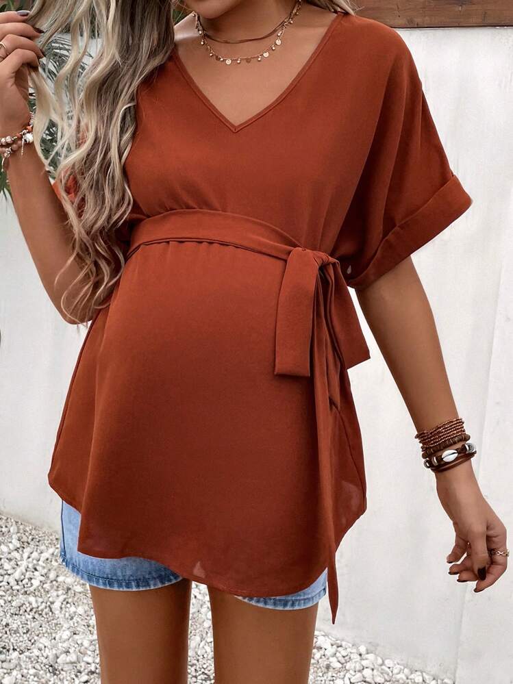 Grossesse Blouse manches chauve-souris ceinturé - Orange brûlé - Voir 1