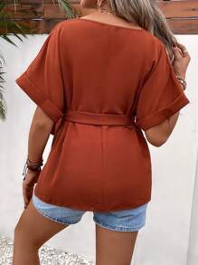 SHEIN Áo sơ mi Bà bầu Thắt lưng màu trơn Giải trí - Màu Cam cháy - Xem 3