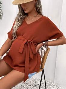 SHEIN Áo sơ mi Bà bầu Thắt lưng màu trơn Giải trí - Màu Cam cháy - Xem 4