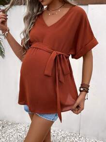 SHEIN Áo sơ mi Bà bầu Thắt lưng màu trơn Giải trí - Màu Cam cháy - Xem 6