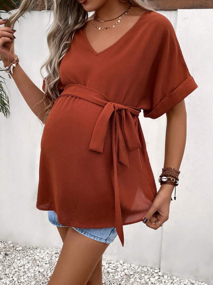 Grossesse Blouse manches chauve-souris ceinturé - Orange brûlé - Voir 5