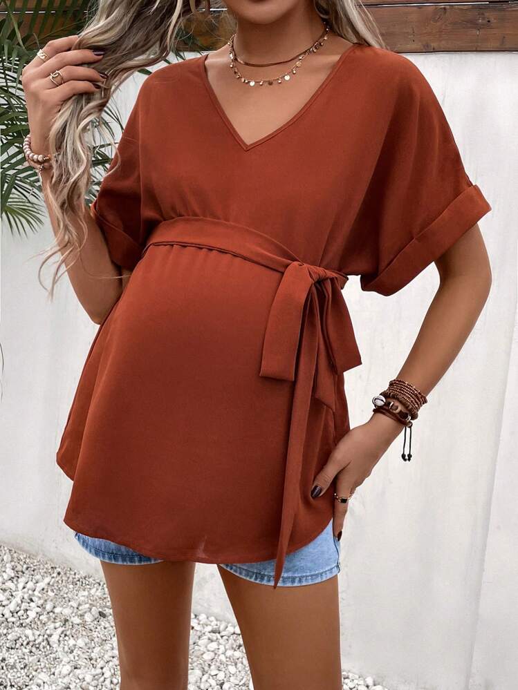 Grossesse Blouse manches chauve-souris ceinturé - Orange brûlé - Voir 6