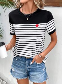 SHEIN Frenchy Striped & Heart Print Tee Summer Thanks Giving - Black and White - View 4