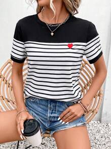 SHEIN Frenchy Striped & Heart Print Tee Summer Thanks Giving - Black and White - View 1