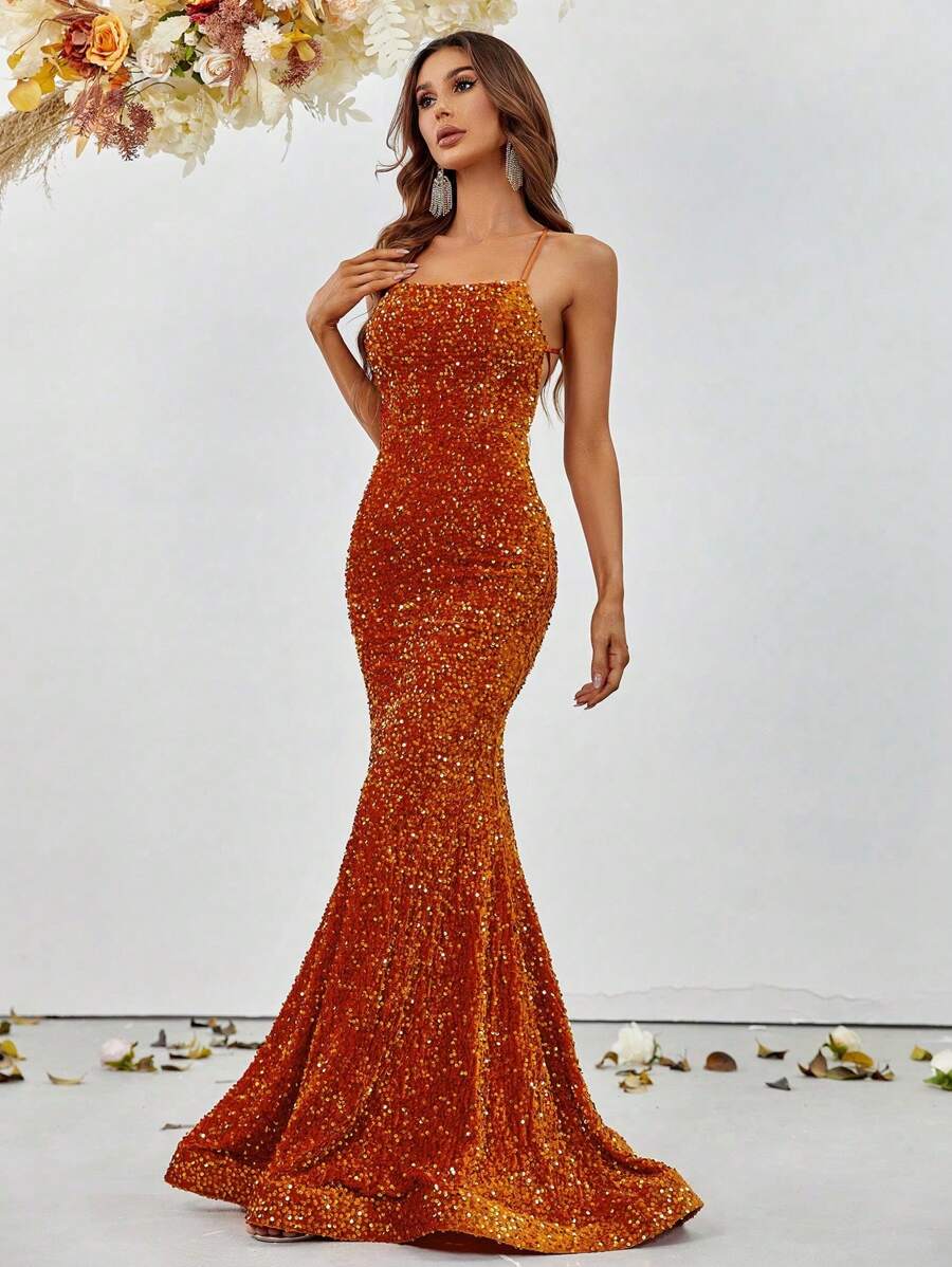 Crisscross Backless Sequin Formal Dress - Orange - View 1