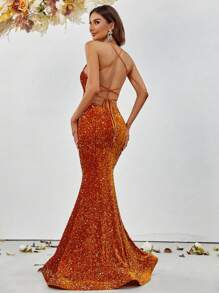 Crisscross Backless Sequin Formal Dress - Orange - View 2