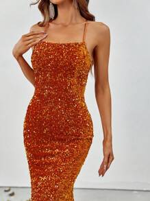 Crisscross Backless Sequin Formal Dress - Orange - View 3