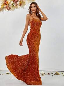 Crisscross Backless Sequin Formal Dress - Orange - View 4