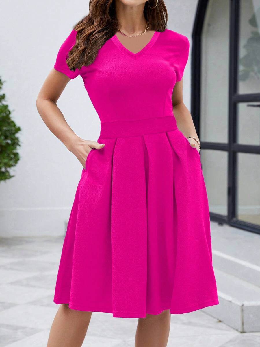 Solid Slant Pocket Fold Pleated Dress - Rose Red - View 1